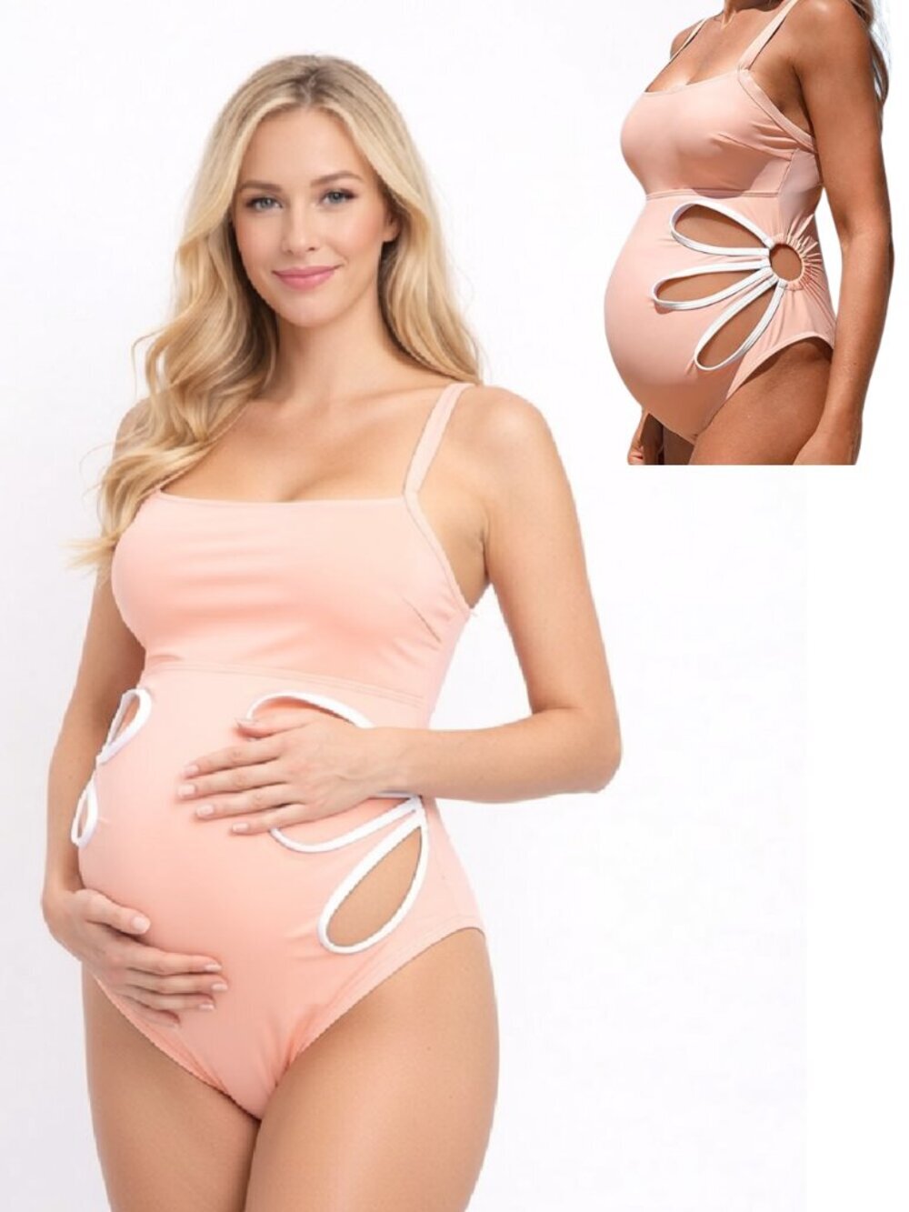 76.Small Dusty Pink Maternity One Piece Swimsuit Cut Out Sides Adjustable Straps